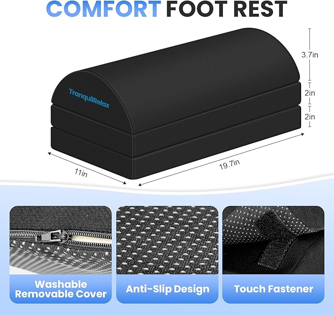 TranquilRelax Foot Rest for Under Desk at Work, Gaming Accessories Foot Stool with 3 Adjustable Heights & Washable Cover, Comfortable Office Desk Accessories, Footrest for Office, Home and Car (Black)
