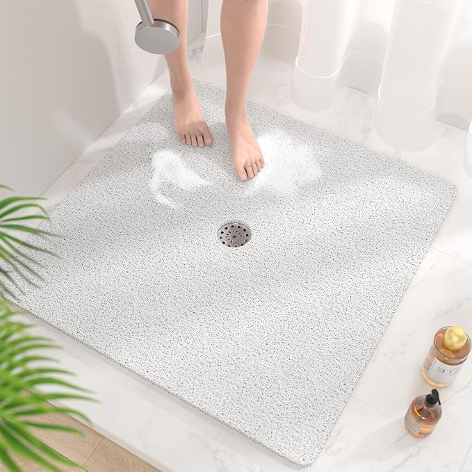 HITSLAM Square Shower Mat, 36 x 36 Inch Non Slip Bath Mat for Tub, Soft PVC Loofah Bathtub Mats with Drain Holes, Quick Drying Bathroom Stall Floor Mat, Bathroom Accessories Without Suction Cup, White
