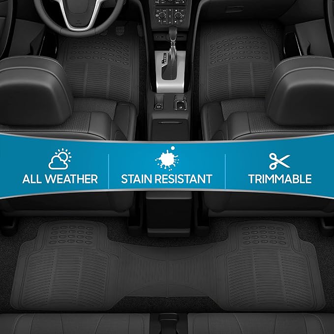 BDK ProLiner Car Floor Mats for Cars Trucks SUV, 3-Piece All-Weather Heavy Duty Rubber Liners with Universal Trimmable Fit, Durable Waterproof Vehicle Auto Floor Mats with Capture Ridges Black