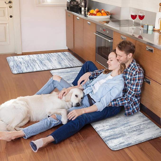 KIMODE Anti Fatigue Kitchen Mat, 20"x47"+20"x32" Boho Abstract Kitchen Rugs Sets of 2, Non-Slip Kitchen Mats for Floor, Cushioned Kitchen Floor Mats for Sink Laundry Office Desk Multi-Blue