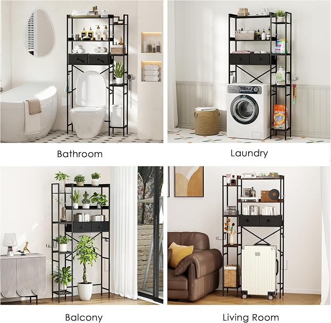 Over The Toilet Storage Shelf with Drawers, 7 Tier Above Toilet Bathroom Organizer Rack with Adjustable Shelves, Space Saver Stand Behind Toilet with Paper Holder & Hooks for Laundry, Black