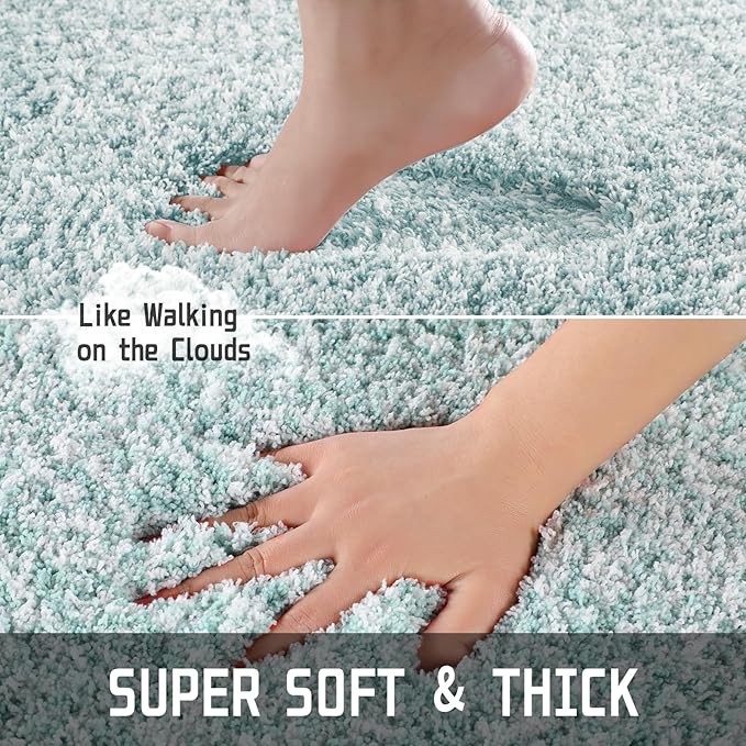 Yimobra Toilet Rugs U Shaped 24X20, Ultra Soft and Water Absorbent Bath Mats, Non Slip Fluffy Luxury Microfiber Contour Bath Rugs for Toilet, Dry Quick, Machine Washable, Sky Light Blue and White