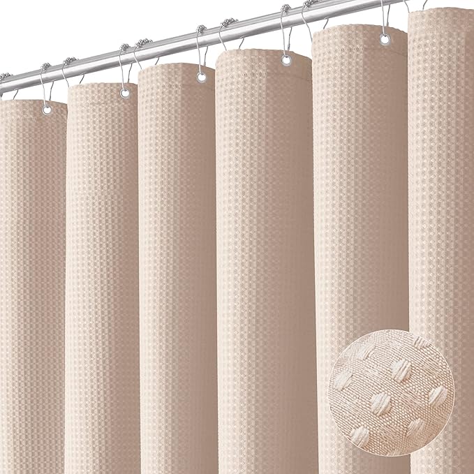 Dynamene Extra Wide Shower Curtain - 108 Inch Wide Waffle Weave Weighted Thick Cloth Bathroom Shower Curtain, Neutral Heavy Duty Hotel Bath Curtain Set with 18 Plastic Hooks, 108x72, Rose