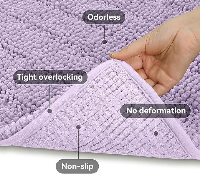 Bcoimo 24"×17" Chenille Bath Mat – Non-Slip with Backing Bath Rug Ultra-Absorbent and Machine Washable Bathroom Mat Quick-Dry Design. Ideal for Bathroom Shower and Tub Areas
