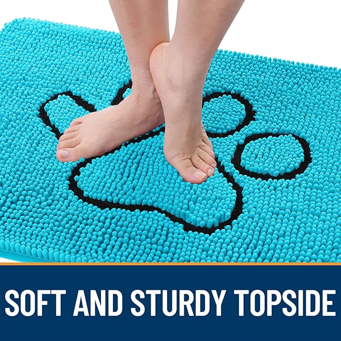 OLANLY Dog Door Mat for Muddy Paws 36x24, Paw Print Design, Absorbs Moisture and Dirt, Absorbent Non-Slip Washable Doormat, Quick Dry Chenille Mud Mat for Dogs, Entry Indoor Entryway Carpet, Aqua Blue