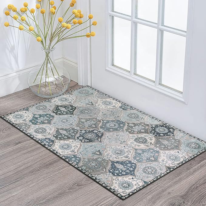 Lahome Moroccan Trellis Front Door Mat Indoor Entrance, 2x3 Rugs for Entryway Non-Slip Washable Indoor Door Mat, Oriental Accent Small Rug for Kitchen Bedroom Bathroom Elise, Blue
