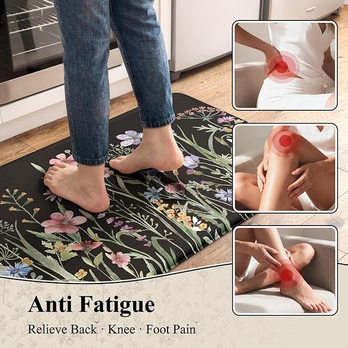 KIMODE Anti Fatigue Mats for Kitchen Floor 17"x47"+17"x29", Farmhouse Floral Kitchen Rugs Sets of 2, Cushioned Kitchen Floor Mats, Non Slip Standing Mat for Sink, Laundry, Office, Desk Black