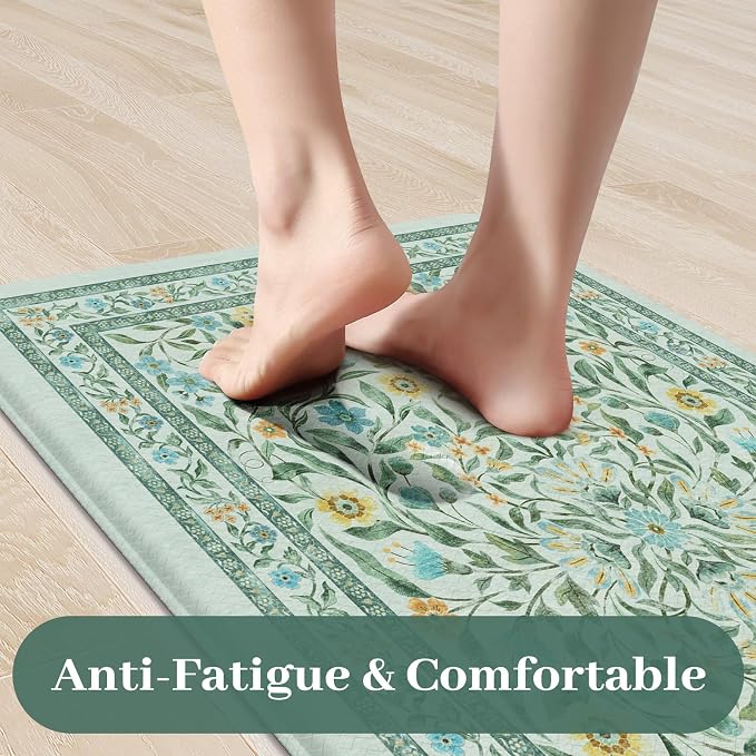 KIMODE Kitchen Mats for Floor Anti Fatigue, Kitchen Floor Mats 17.3"x29"+17.3"x47", Boho Floral Kitchen Rugs Sets of 2, Comfort Padded Rugs for Kitchen Floor Laundry Office Sink Desk Blue Green