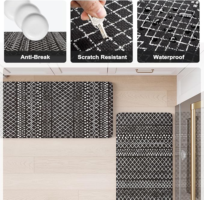 KIMODE Anti Fatigue Mats for Kitchen Floor 17"x47"+17"x29", Black Boho Distressed Kitchen Rugs Sets of 2, Cushioned Kitchen Floor Mats, Non Slip Standing Mats for Sink Laundry Room Decor Office Desk
