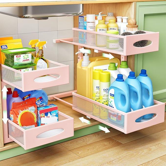 2 Pack Under Sink Organizer, 2 Tier Pull out Cabinet Organizer Mesh Baskets with 5 Adjustable Heights, Sliding Drawers Storage Shelf for Home, Kitchen, Bathroom, Pantry, Office, Countertop ,Pink