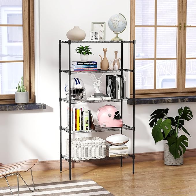 BestOffice | 5-Tier Wire Storage Shelves with Wheels | 14 x 30 x 61 | Black | with Adjustable Racks | Heavy-Duty Metal Shelf, Holds Upto 1250 lbs | No-Tool Assembly | Ideal for Home & Garage Shelving