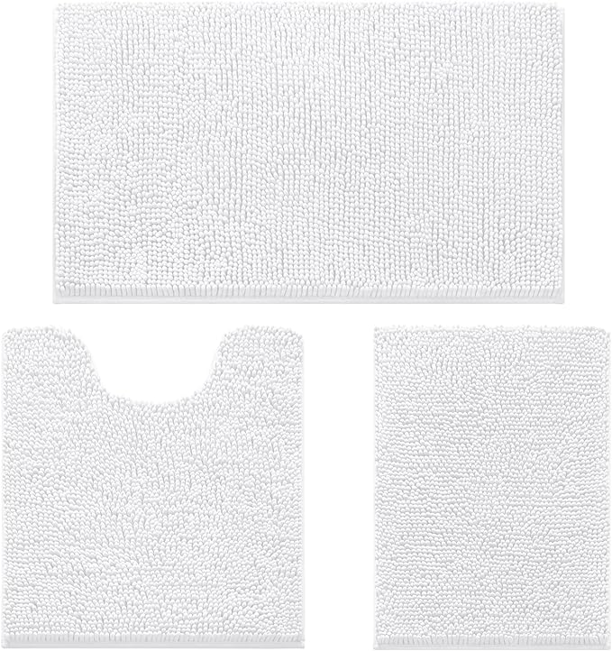 HOMEIDEAS 3 Pieces Bathroom Rugs, Ultra Soft Non Slip Absorbent Chenille Toilet Bath Mat Set (White)