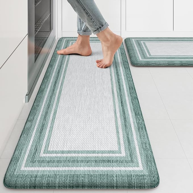 KIMODE Anti Fatigue Kitchen Mats,Farmhouse Kitchen Rugs Non Slip Rubber Backing,Waterproof Kitchen Mat for Floor,Green Laundry Room Rug,Cushioned Standing Desk Mat for Kitchen Decor,Bathroom Sink