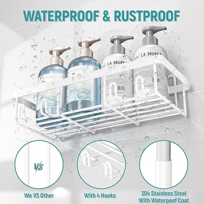 Liuoud 5 Pack Shower Caddy Organizer Rack Shelf for Inside Shower, Self Adhesive Wall Storage Basket Rustproof Stainless Steel Shampoo Holder Bathroom Accessory Decor Set, White