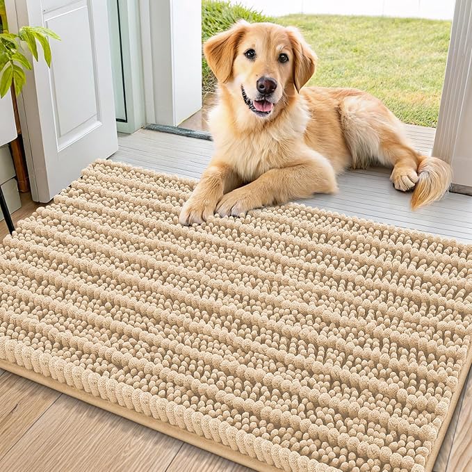 Smiry Dog Door Mat for Muddy Paws 36x24, Absorbent Dirt Trapper, Non-Slip Washable Chenille Entryway Rug for Inside Floor, Beige, Layered Pattern
