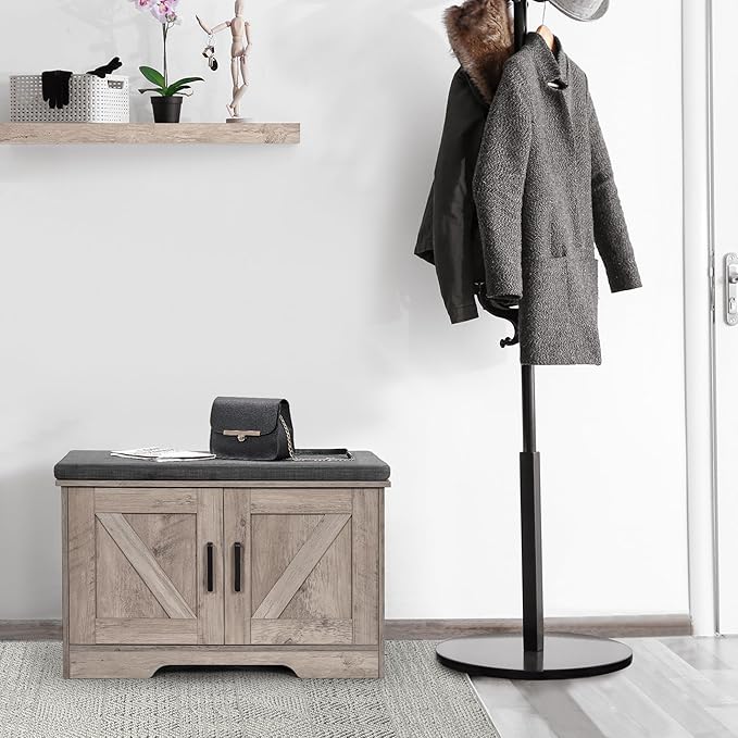 HOMSHO 2-Tier Storage Bench, 27.6" Wide Shoe Bench with Padded Seat Cushion, Entryway Bench with 2 Barn Doors and Adjustable Shelf, Greige