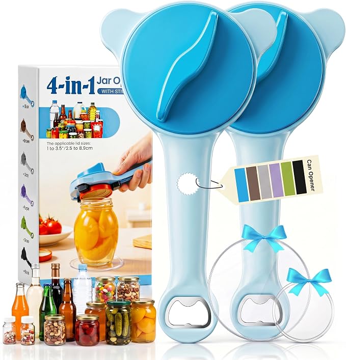 2026 Upgraded 4-in-1 Jar Opener - Adjustable Stainless Steel Lid Remover for Seniors & Arthritis Sufferers, Fits Kitchen Jars, Bottles & Cans Blue(2Pcs)