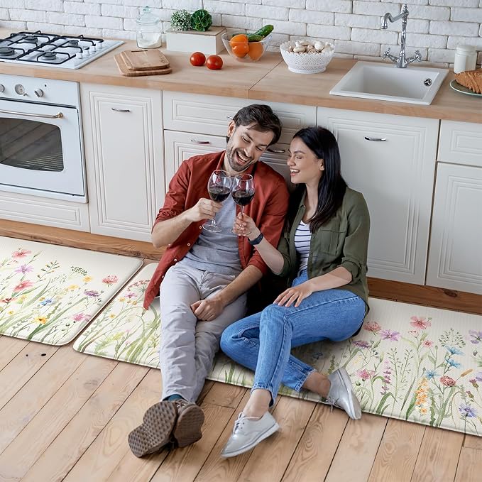 KIMODE Anti Fatigue Kitchen Mats for Floor, Farmhouse Floral Kitchen Rugs 20"x47"+20"x32", Non Slip Waterproof Kitchen Floor Mats, Comfort mats for Kitchen Floor, Sink, Laundry, Desk White