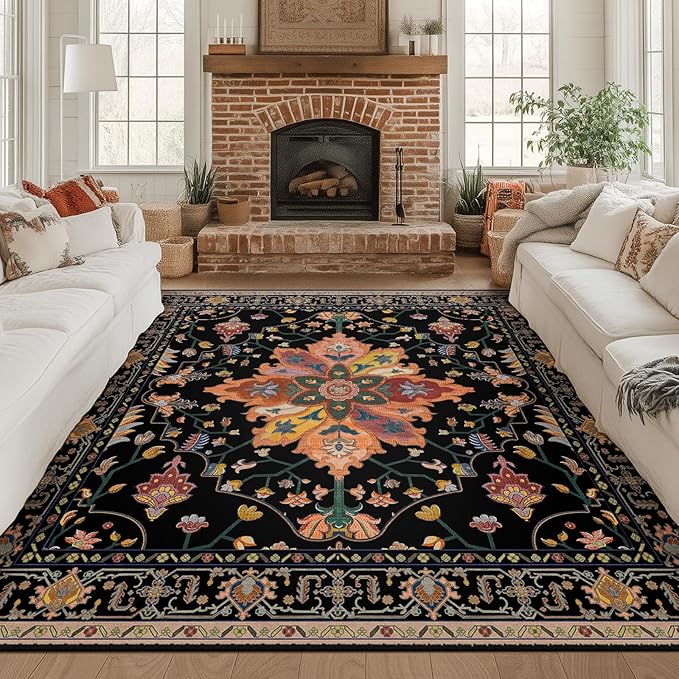 RELEANY Area Rugs Square 8ft Washable Non-Slip, Floral Vintage Distress Medallion Carpet for Living Room Bedroom Dining Room, Black Colorful Floral Dark Tan