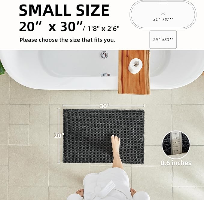 TYUU Black Bathroom Rug, Waffle Bath Mat Non Slip Washable Super Absorbent Quick Dry Boho Farmhouse Bathroom Decor, 30"x20" Black