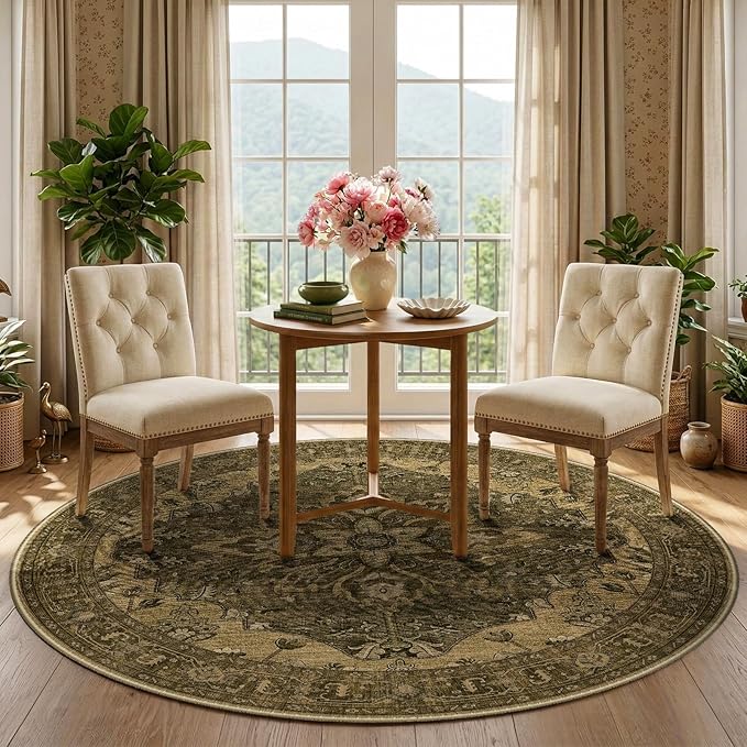 RELEANY Area Rugs Round 5ft Washable Non-Slip, Floral Vintage Distress Medallion Carpet for Living Room Bedroom Dining Room, Brown Dark Brown