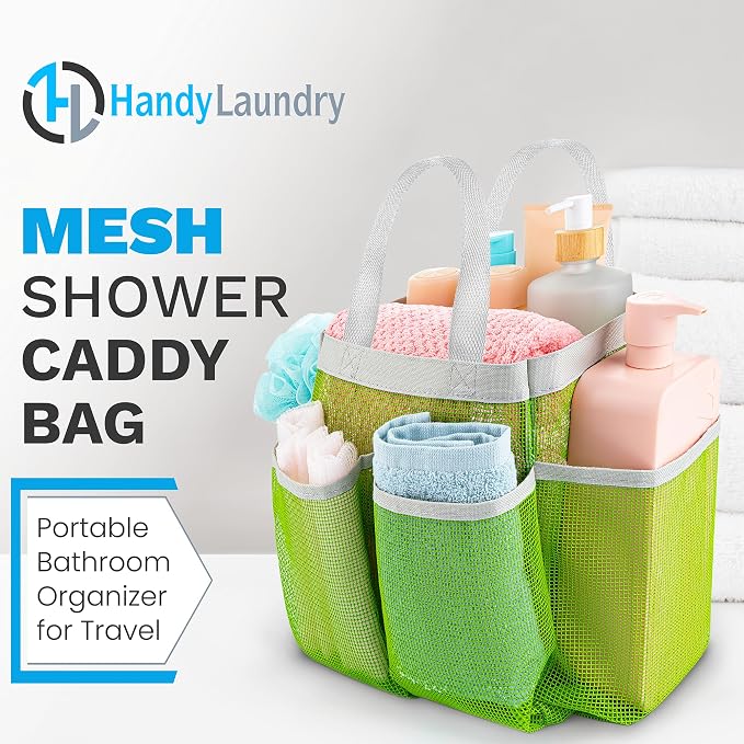 Handy Laundry Mesh Shower Caddy – 7 Pocket Portable Shower Caddy for Dorm, Gym, Travel & Bathroom – Quick-Dry Collapsible Organizer Tote Bag for College Essentials, Toiletries & Small Items (Green)