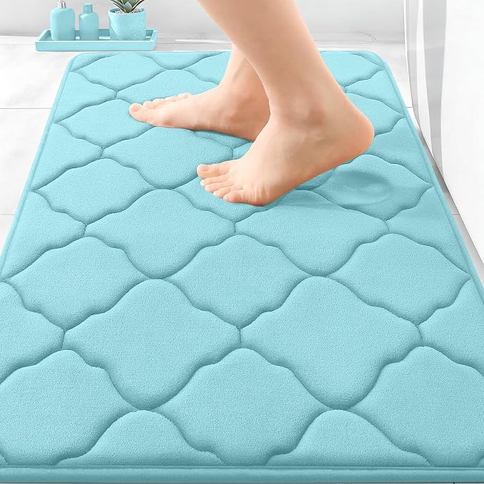 OLANLY Memory Foam Bath Mat Rug 30x20, Ultra Soft and Absorbent Bathroom Rugs, Non-Slip, Comfortable, Machine Washable Bath Carpet for Bathroom Floor, Tub, Shower and Home Decor Accessories, Sky Blue