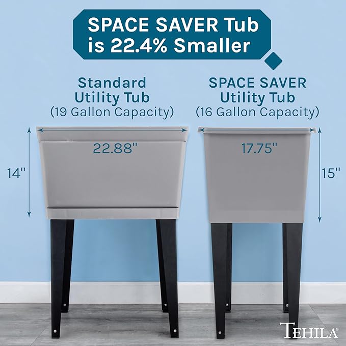 Grey Space Saver Utility Sink by JS Jackson Supplies, Freestanding Tehila Space Saving Laundry Tub, Matte Black Pull-Down Faucet, Soap Dispenser