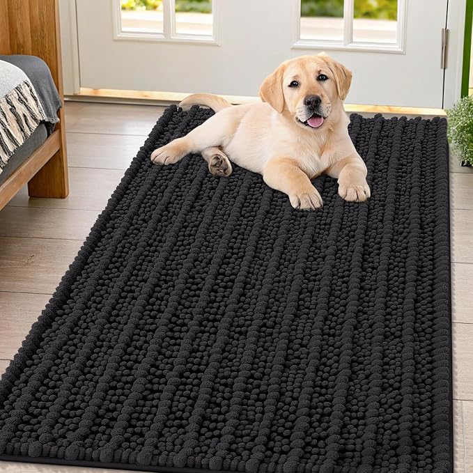 Smiry Dog Door Mat for Muddy Paws 47x32, Absorbent Dirt Trapper, Non-Slip Washable Chenille Entryway Rug for Inside Floor, Black, Layered Pattern
