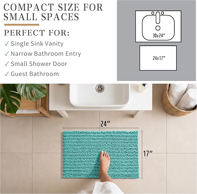 Yimobra Bathroom Rugs Non Slip Washable - Ultra Soft Absorbent Chenille Bath Mat, Quick Dry Shaggy Floor Carpet for Tub Shower, Lake Blue Home Decor Accessories, 24x17 Inch
