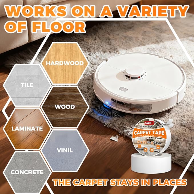 SWRT 2 Pack Carpet Tape Double Sided, 2 Inch x 30 Yards – Carpet Adhesive for Hardwood Floors, Heavy Duty Anti Slip Rug Grip Tape, Works as Rug Grippers, Residue Free, Easy Removal for Tile