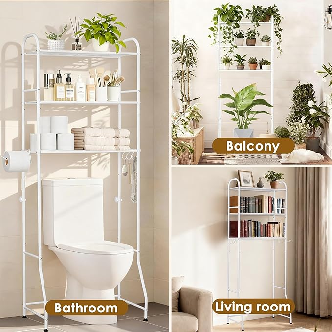 3-Tier Over The Toilet Storage Rack - Freestanding Bathroom Shelf Organizer with Toilet Paper Holder & 3 Hooks, Space-Saving Sturdy Rust-Resistant Design, 62" H White