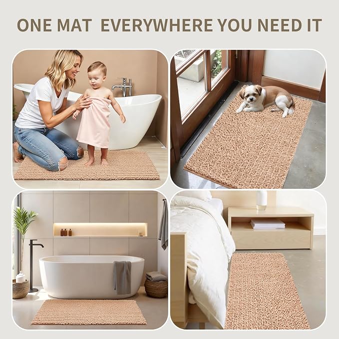 Bathroom Rugs Non Slip Washable 36x24, Extra Thick Soft Chenille Absorbent Bath Mat, High Density Barrier Non Slip Backing, Quick Dry Plush Shaggy Floor Carpet for Tub&Shower, Beige