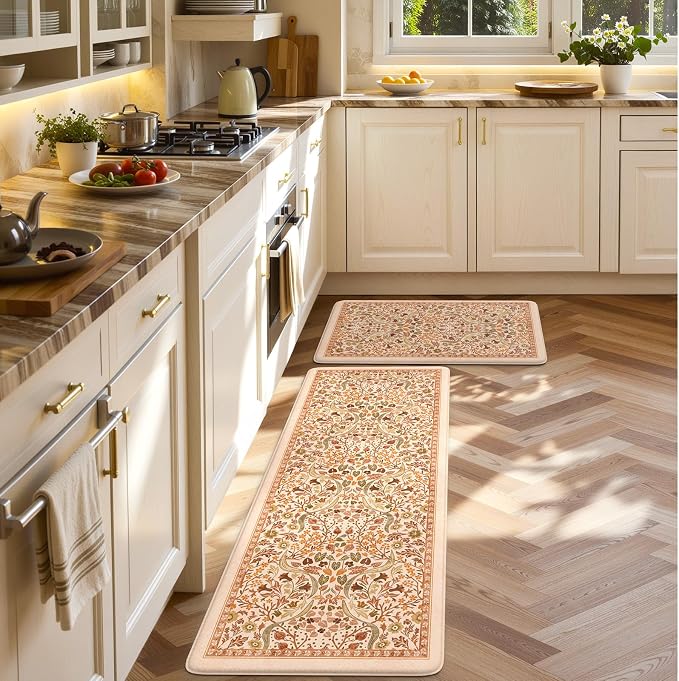 Collive Anti Fatigue Mats for Kitchen Floor, Orange Fall Floral Kitchens Rugs 2 Piece Cushioned Non Slip Carpet, Comfort Standing Mat Waterproof Sink Carpets for or Bedroom, Laundry, Home Decor