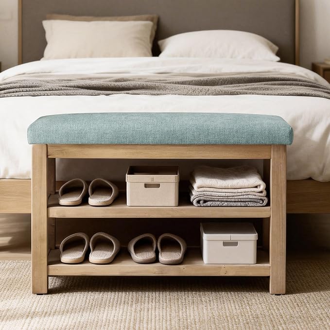 Zihanhome 2 Tier Shoe Rack Bench with Cushion, Solid Wood Shoe Benches, Mid-Century Modern Shoe Storage Bench for Entryway, Hallway, Living Room, Closet, Front Door Entrance, (Teal, 31.5")