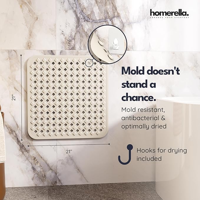 homerella® Shower Mat Non Slip Anti Mold, Non Slip Shower Mats for Inside Shower Stall Anti Slip Mat, Square Shower Floor Mat 21 x 21 in with Suction Cups & Hooks for Quick Drying, Machine Washable