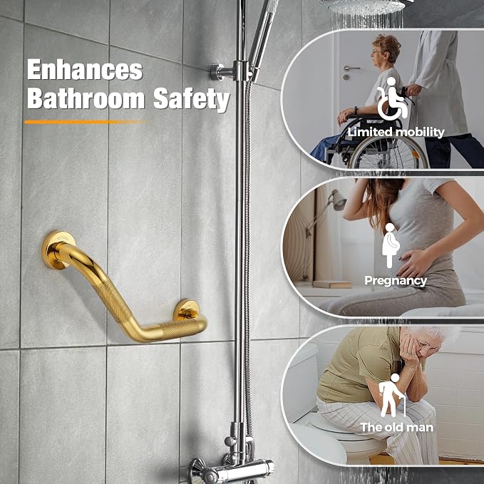Grab Bars for Bathtubs and Showers- 1-1/4 x 16 Angled Shower Grab Bar for Seniors Knurled Stainless Steel Handicap Grab Bars for Wall (Gold, 1 Pack)