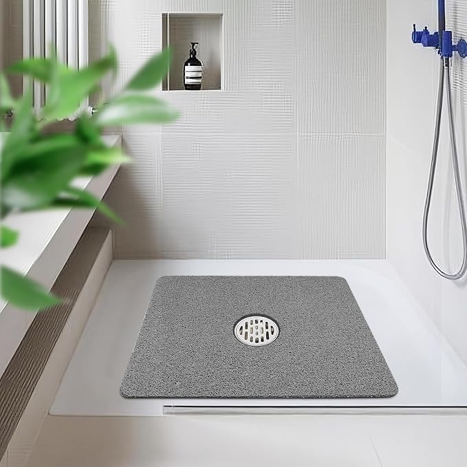 HITSLAM Shower Mat, 24 x 24inch Non Slip Bath Mat for Tub, Soft PVC Loofah Bathtub Mats with Drain Holes, Quick Drying Bathroom Stall Floor Mat, Bathroom Accessories Without Suction Cup, Grey 2 Pack