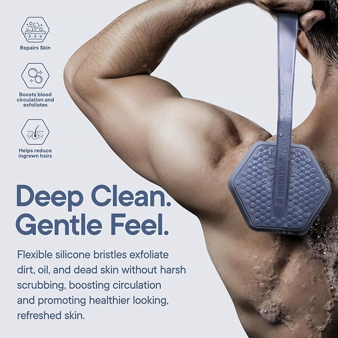 TOOLETRIES Silicone Back Scrubber for Shower, Exfoliating Body & Bath Brush, Long Ergonomic Handle, Non-Slip Grip for Hard-to-Reach Areas, Hygienic Silicone Bath Accessory for Men & Women - Glacier