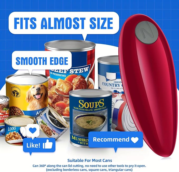Electric Can Opener Automatic, Red Smooth Edge Electric Tin Opener - Safe Hands-Free Can Opener for Kitchen & Home Use