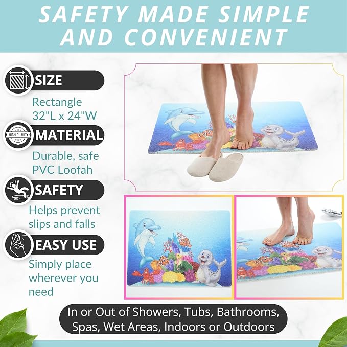Enkosi Loofah Non-Slip Shower Mat - Shower Floors, Bathtub, Bathrooms, Wet Areas - Cushioned Bath Mat with Drain Holes - Quick Dry PVC, Secure Safety Pad Without Suction Cups (32x24 Dolphin)