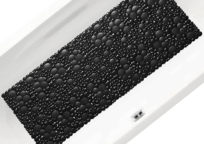Extra Long Pebble Bath Tub Shower Mat 34.2 x 15.7, Bathmat Non-Slip with Suction Cups, Machine Washable, Bathroom Mats, Smooth/Non-Textured Surface Only (34.2" x 15.7", Black)