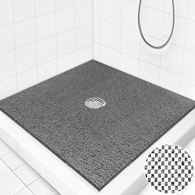 Square Shower Mat Non Slip: 27 x 27 Inch Extra Large Loofah Shower Mats for Inside Shower - Anti Slip Shower Stall Matt with Drain Hole in Middle