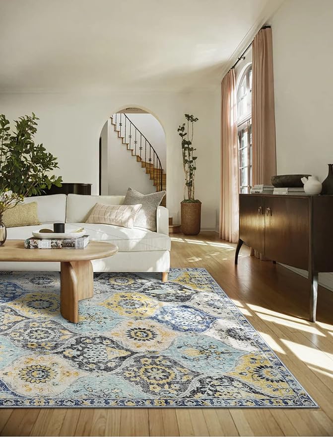 Lahome Moroccan Trellis Washable Area Rugs 5x7, 5x7 Area Rugs for Living Room Bedroom, Indoor Non-Slip Large Oriental Throw Carpet for Kitchen Entryway Bathroom Office Elise, Yellow/Aqua