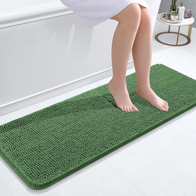 OLANLY Bathroom Runner Rugs 47x17, Soft Absorbent Chenille Bath Rugs, Rubber Backing Quick Dry, Machine Washable Long Bath Mats for Bathroom Floor, Tub and Shower, Home Decor Accessories, Olive Green