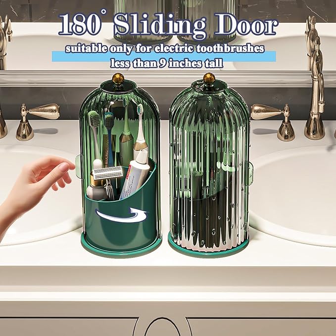 Toothbrush and Toothpaste Holders with Cover, All Green | Waterproof and Dustproof, 360° Rotating Base, Smooth Sliding Door, 3 Slots, for Bathroom Countertop