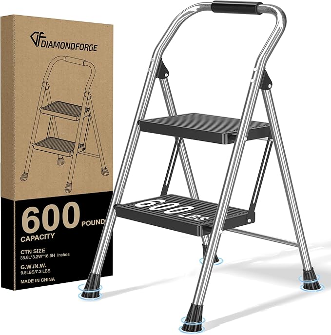 DIAMONDFORGE 2 Step Ladder Foldable Folding Stool - for Home Adults Kitchen, Iron, Black, Extension Tall Heavy Duty with Handrails - Closet Stepstool Extendable Stepladder for Indoor House 600 lbs