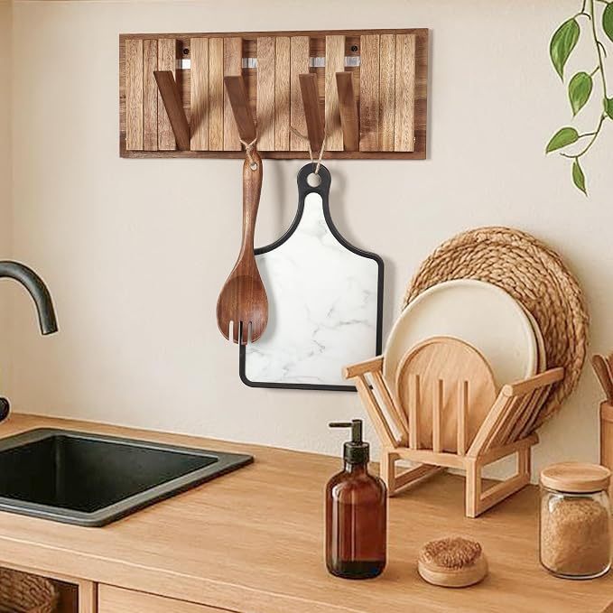 Wall Coat Rack for Entryway: Rustic Wooden Folding 8 Hooks Mount 16.5inch Decorative Piano Hanger for Farmhouse Hallway Bathroom for Towel Backpack Jacket (Neat Style)