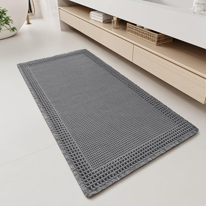 RESARE Waffle Bathroom Runner Rugs, Super Absorbent Bath Mat Non Slip Washable Quick Dry, Upgraded Ultra Soft Boho Bath Rugs with Tassels, Farmhouse Home Decor Accessories, 2'x4'(24"x48") Dark Grey