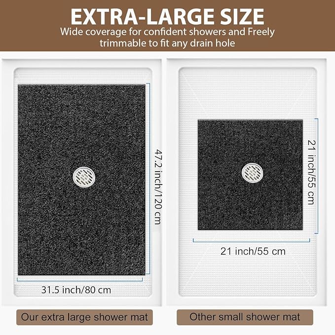 Shower Mat Non Slip: 47.2 x 31.5 Inch Extra Large Shower Mats for Inside Shower with Drain Hole - Soft PVC Loofah Anti Slip Shower Stall Mat for Walk-in Shower and Bathroom, Quick Drying
